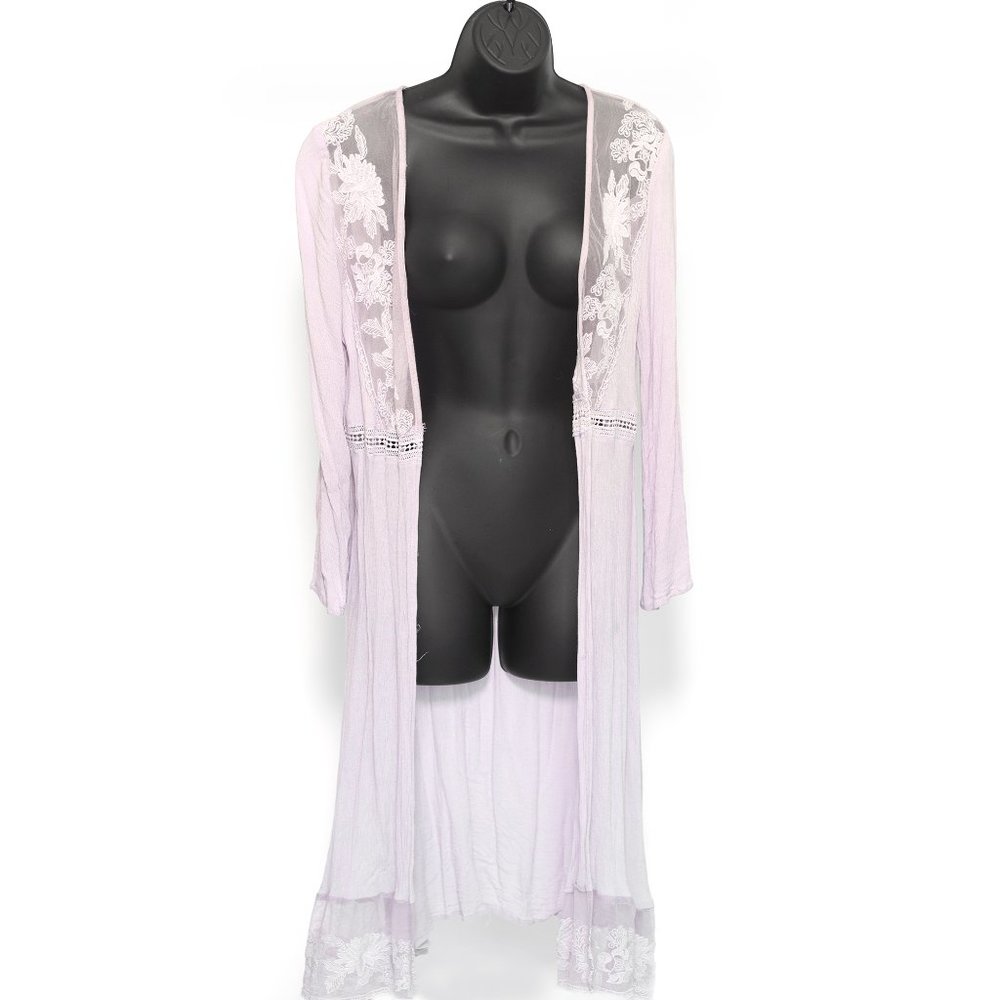 Floral Embroidered Maxi Kimono with Lace Detail